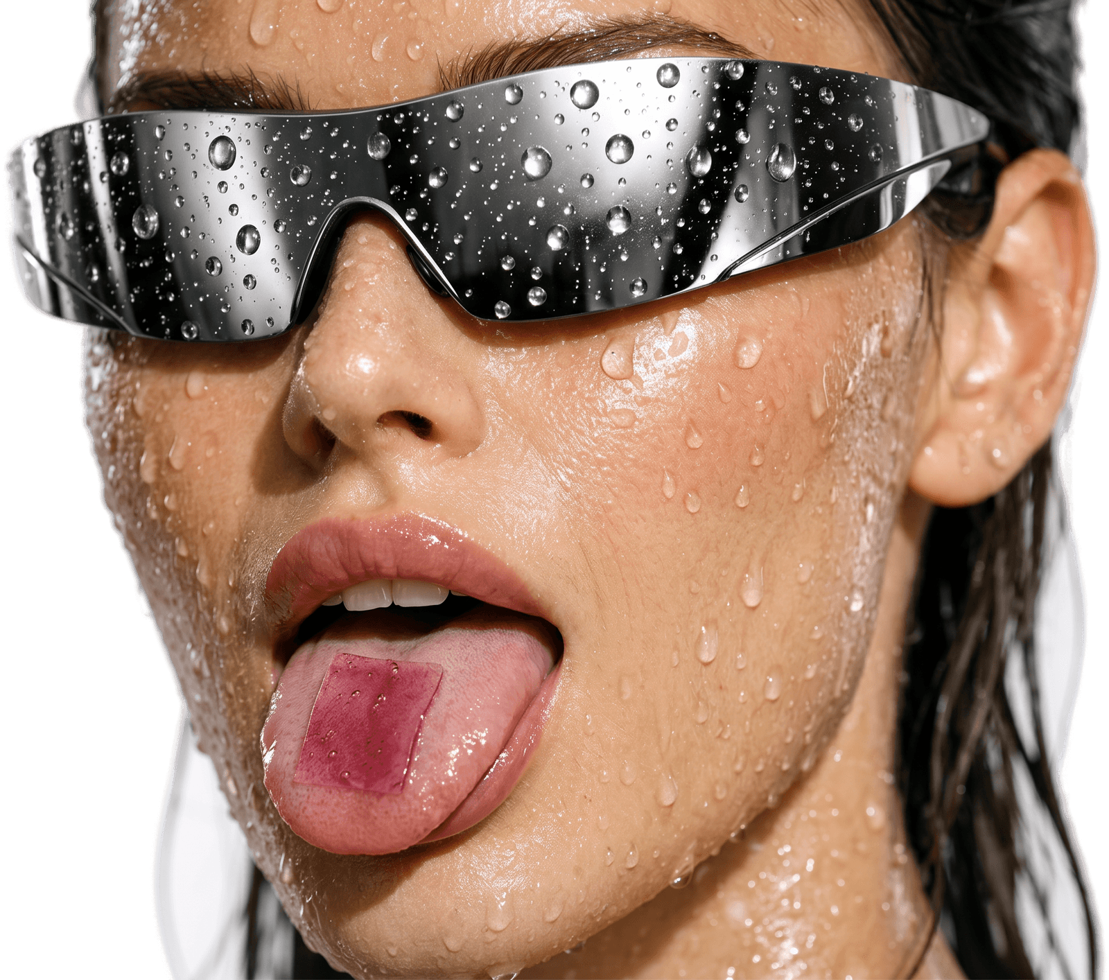 Close-up of a model with chrome wrap sunglasses and a strip-me strip on her tongue